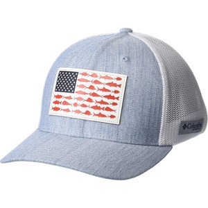 image:imageColumbia Unisex Adult PFG Leather Fish Flag Mesh Ball CapSail HeatherWhite
